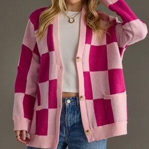 Vibrant Pink Checkered Cardigan